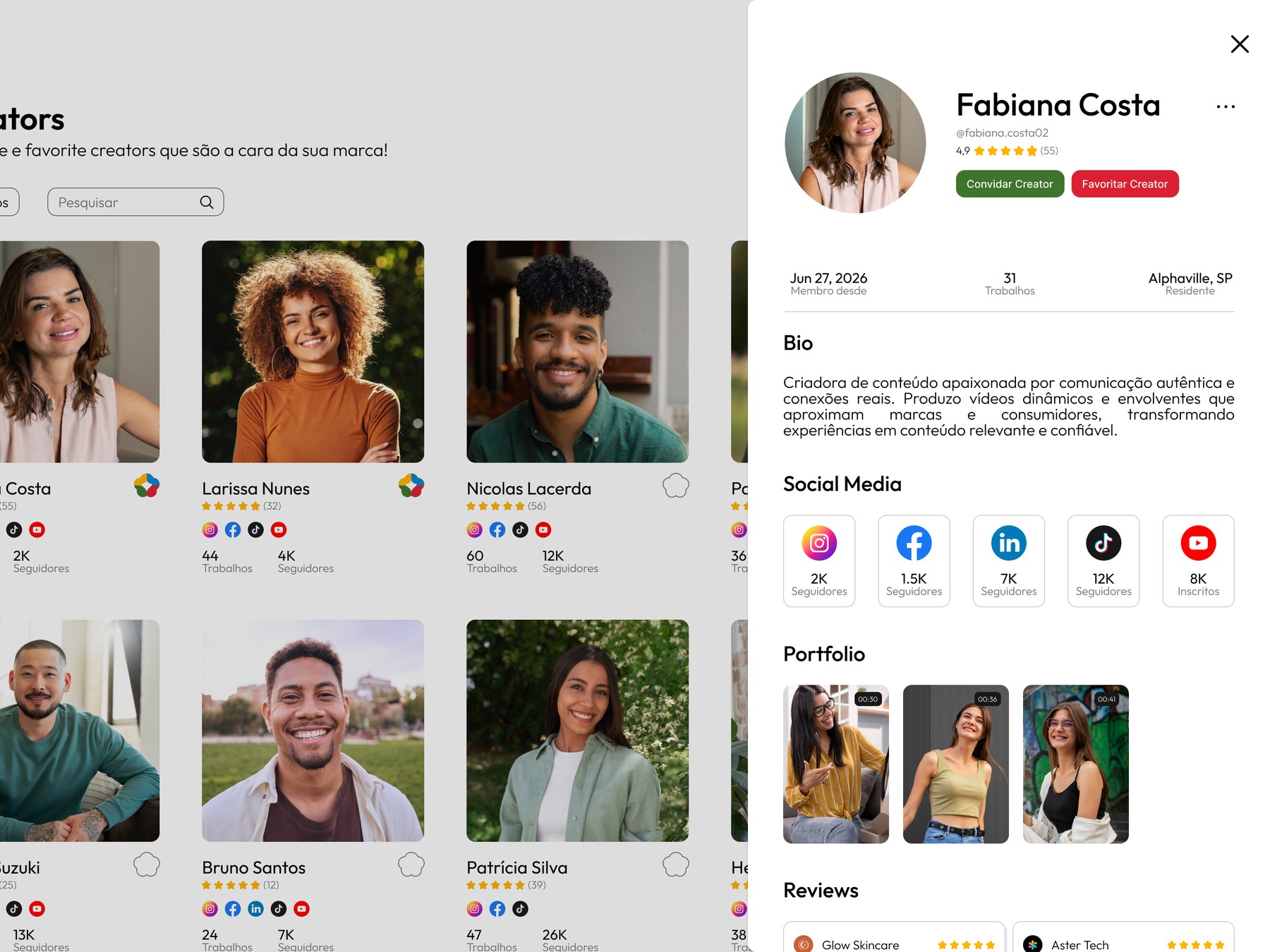 Tela da Simmark com a lista de creators e o perfil de uma delas aberto, mostrando histórico, portfólio e avaliações.
