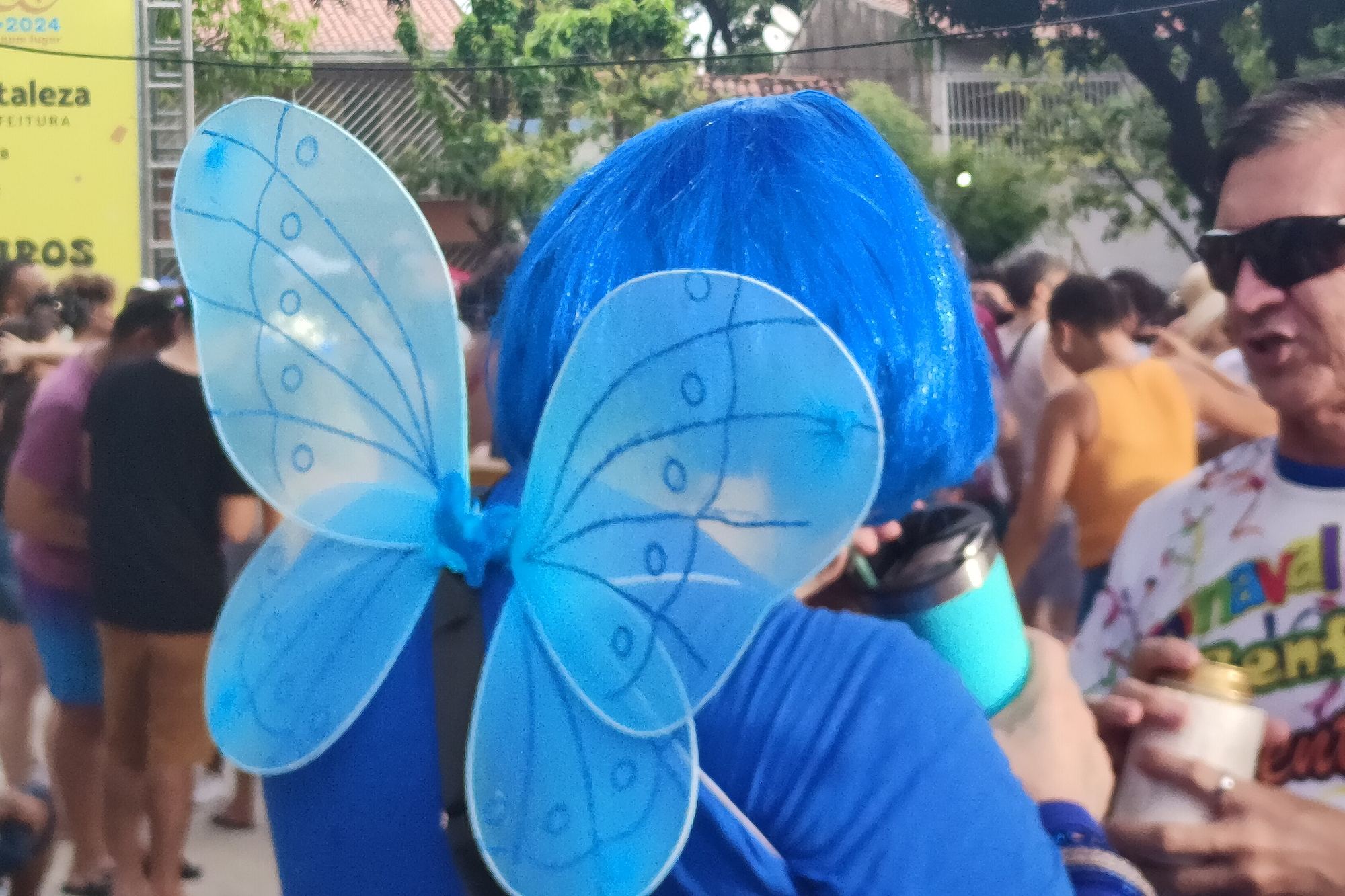 Folião de costas, com peruca azul e asas de borboleta azuis, conversando com outro folião no meio de um bloco numa rua do Benfica, em Fortaleza, no Carnaval de 2024.