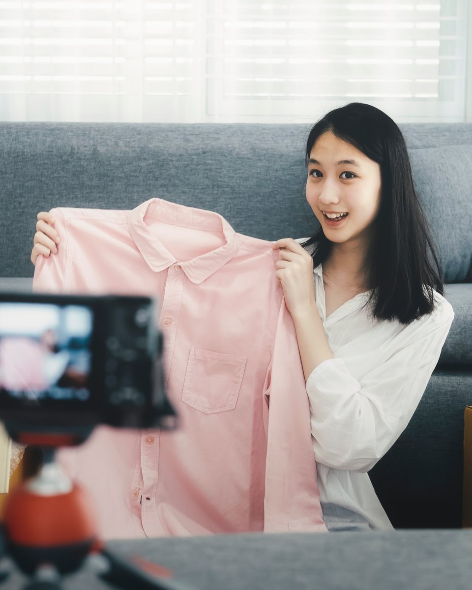 Vendedora online sentada no sofá, entre caixas de papelão, mostrando uma camisa rosa para o celular preso num tripé, enquanto grava o vídeo do produto.