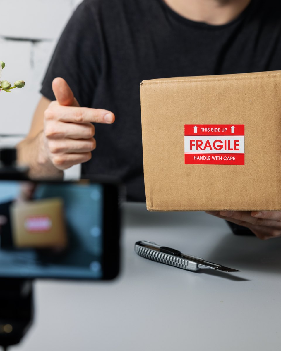 Homem de camiseta preta aponta para uma caixa de papelão de encomenda enquanto grava um vídeo de unboxing com o celular num tripé, em cima da mesa.
