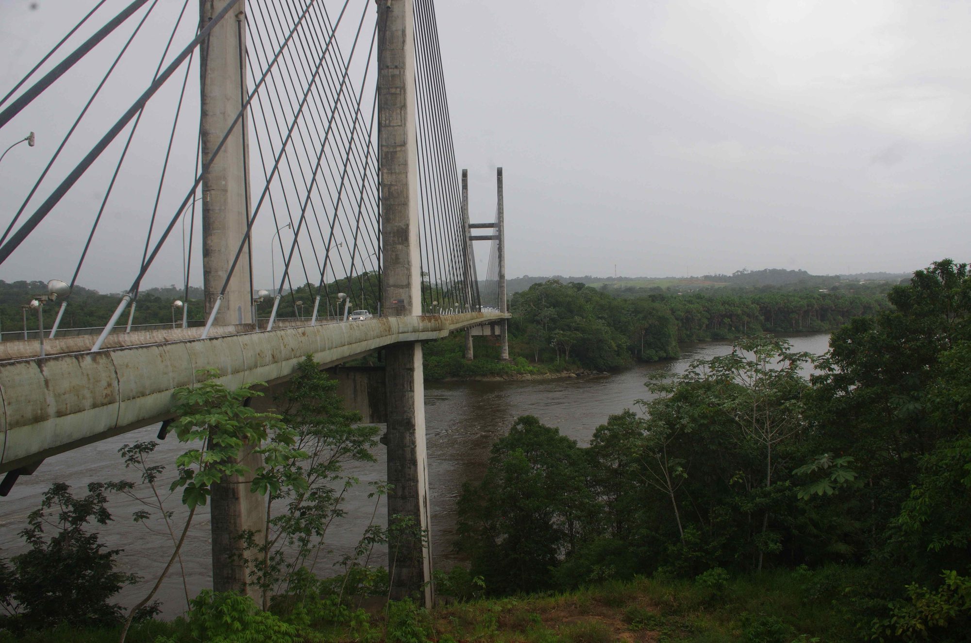 Ponte Binacional Franco-Brasileira estaiada sobre o rio Oiapoque, com torres de concreto, cabos e a floresta densa nas duas margens