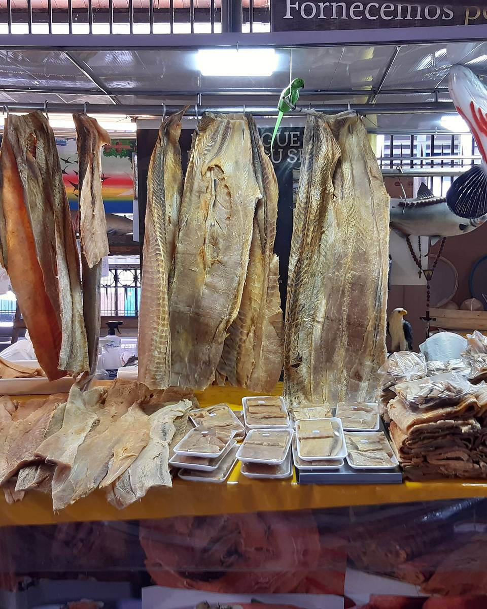 Banca de peixe do Mercado Municipal Adolpho Lisboa, em Manaus, com mantas de pirarucu salgado penduradas e postas sobre o balcão e bandejas de peixe em salmoura na frente.