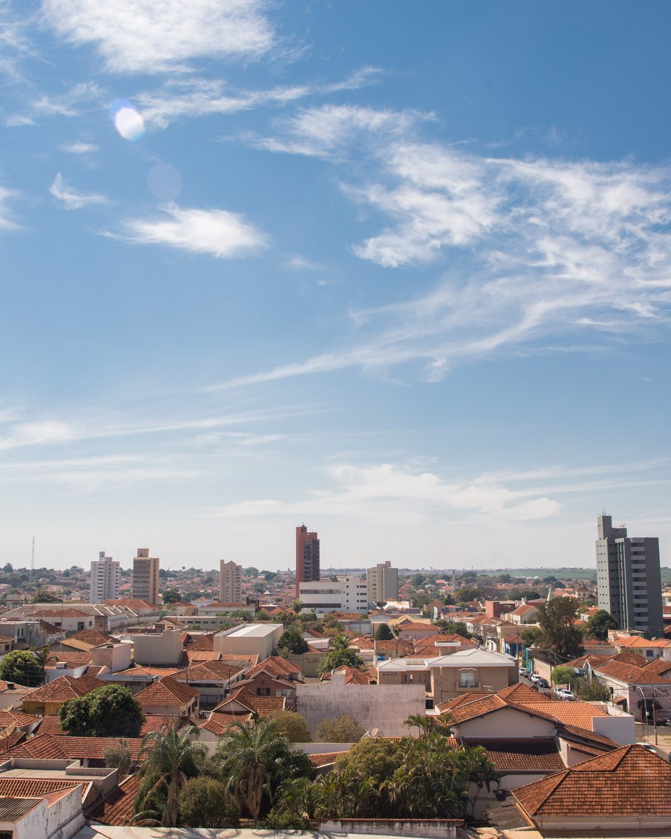 Vista do alto de Barretos num dia de céu azul com nuvens finas, com telhados de cerâmica, palmeiras, ruas com carros estacionados e prédios residenciais espalhados até o horizonte.