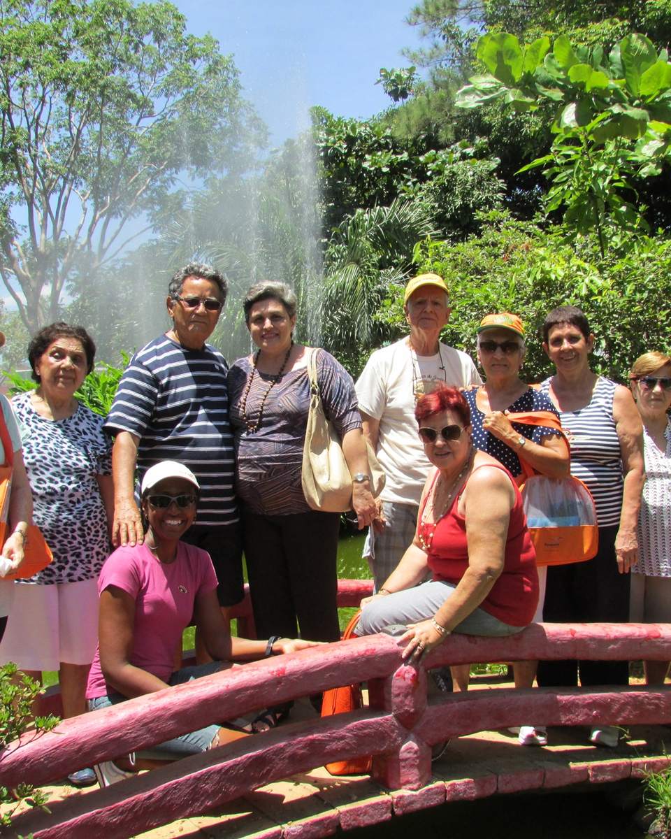 Grupo de turistas da melhor idade, de chapéu, bolsa a tiracolo e roupa de passeio, posando sorridente sobre uma ponte vermelha de madeira no Jardim Japonês de Caldas Novas, com árvores e um jato d'água ao fundo.
