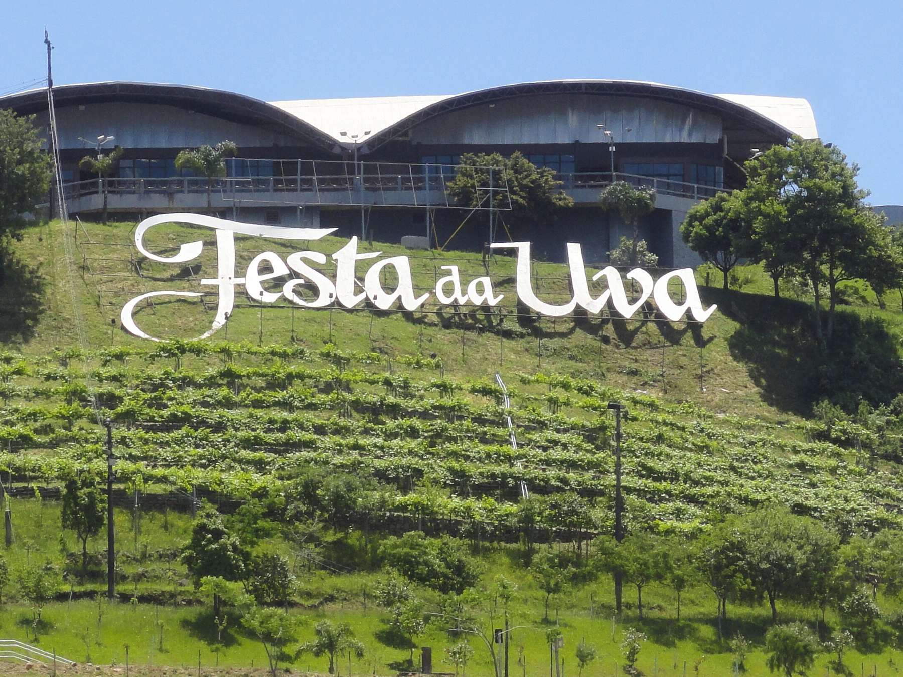 Letreiro branco da Festa da Uva sobre um parreiral na encosta verde do Parque da Festa da Uva, em Caxias do Sul, com os pavilhões de telhado curvo no alto e céu azul.