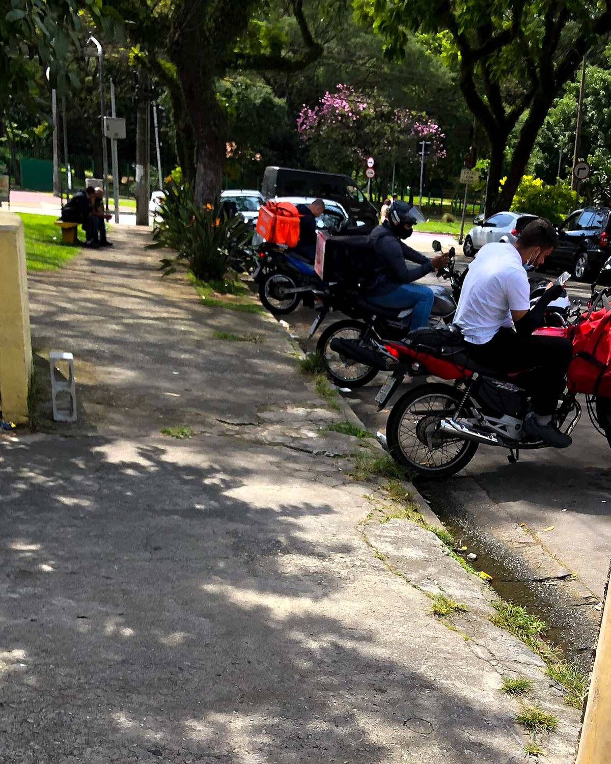Entregadores de moto parados numa praça arborizada perto do Bosque Maia, em Guarulhos, um deles olhando o celular.