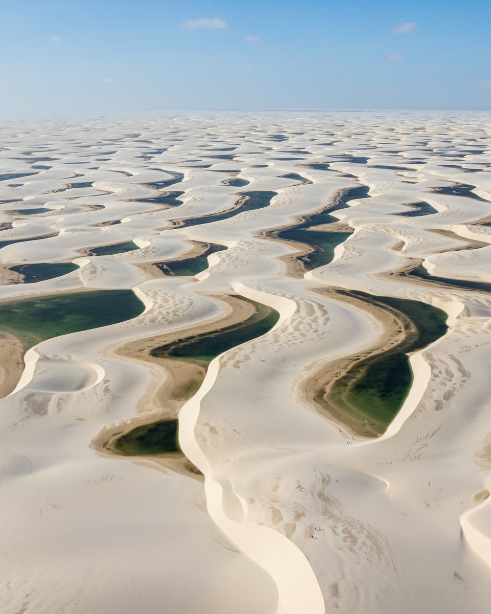 Foto aérea do mar de dunas brancas dos Lençóis Maranhenses com dezenas de lagoas de água verde e azul entre as cristas de areia