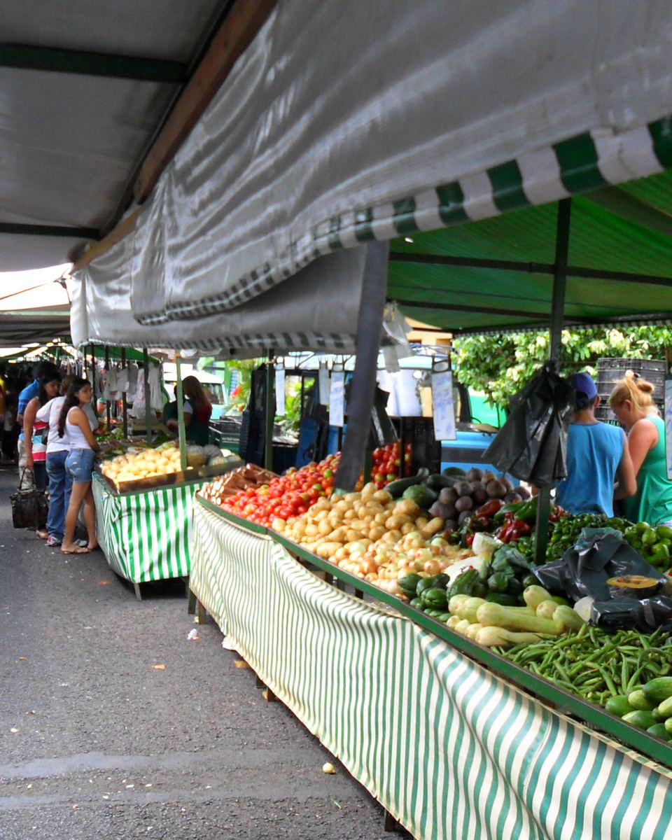 Clientes caminhando entre bancas de frutas, verduras e legumes cobertas por toldos verdes numa feira de rua no bairro Jardim Brasília, em Uberlândia.