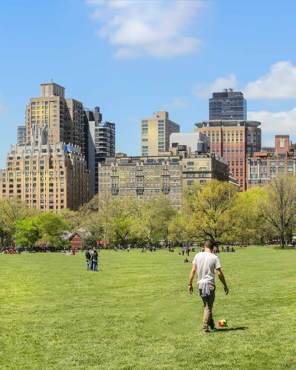 Gramado do Sheep Meadow, no Central Park, com gente deitada na grama, um rapaz com uma bola e os prédios do Upper West Side ao fundo.
