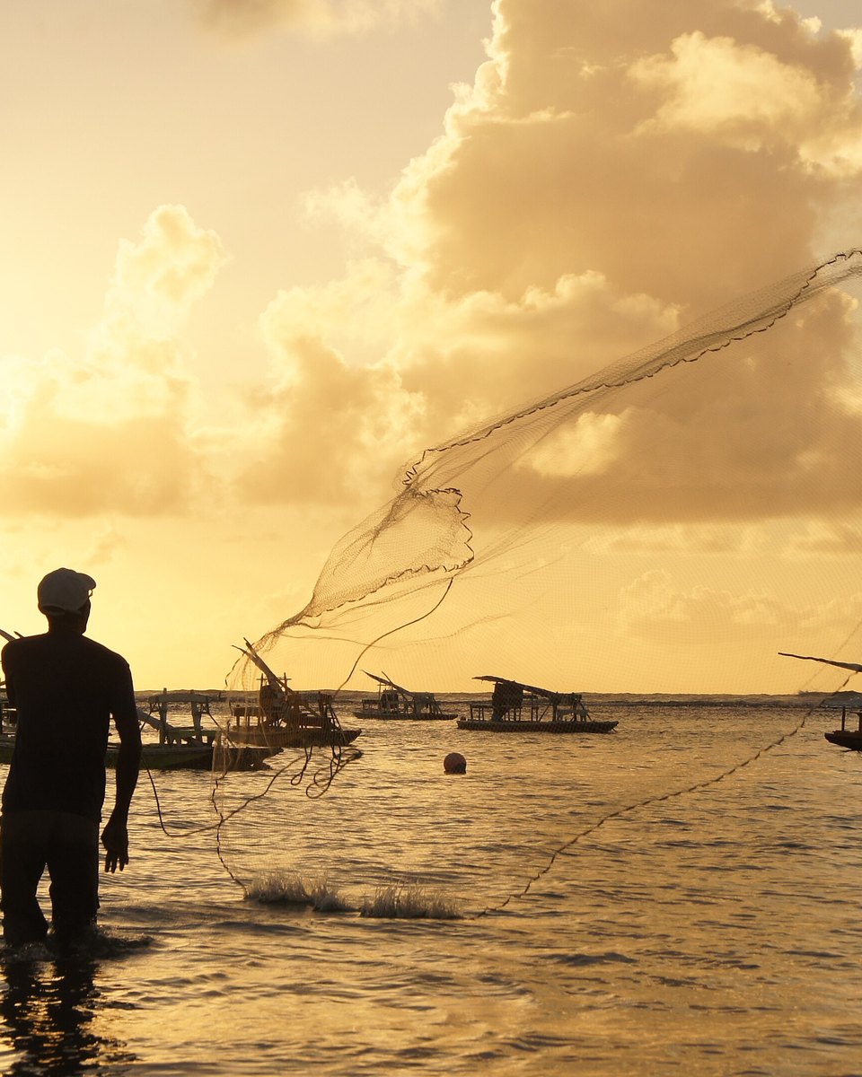 Pescador em silhueta, com água pelos joelhos, jogando a tarrafa aberta no ar ao nascer do sol em Porto de Galinhas, com jangadas paradas no mar dourado e nuvens iluminadas.