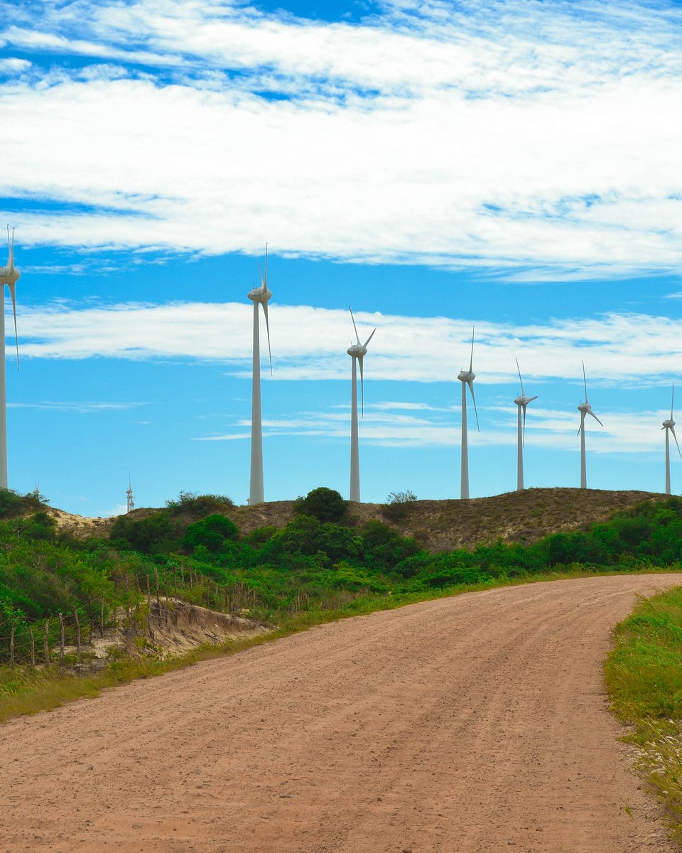 Fileira de torres eólicas com pás brancas ao lado de uma estrada de terra, sob céu azul, em Rio do Fogo
